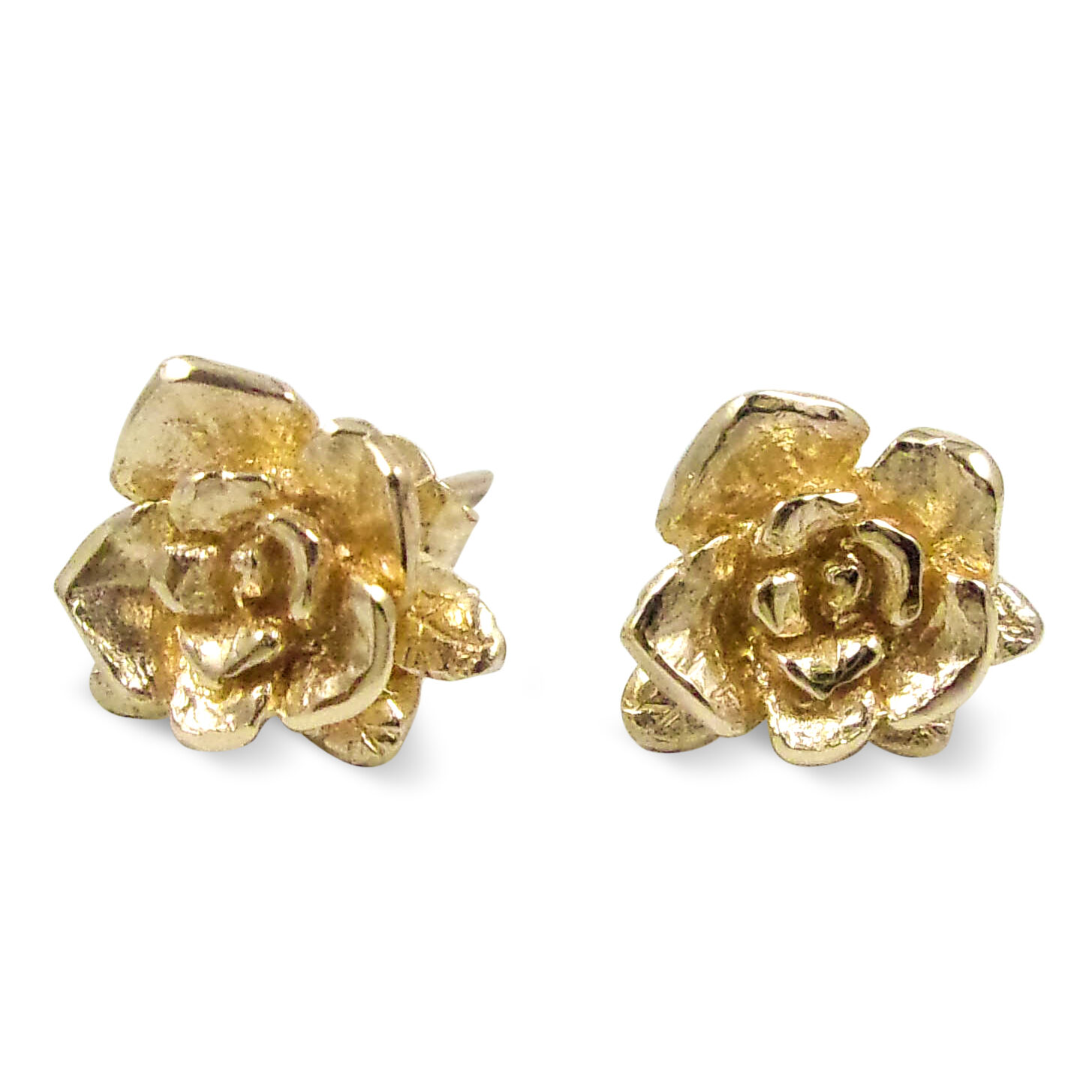 Solid 10K Yellow Gold Stud Earrings Handcarved Rose Flower, 2.7 grams, Artisan