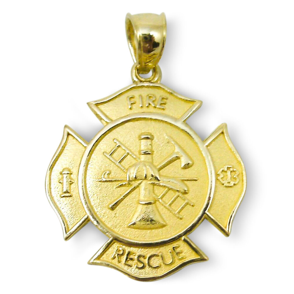Solid 10K Yellow Gold Firefighter Fire Rescue Pendant