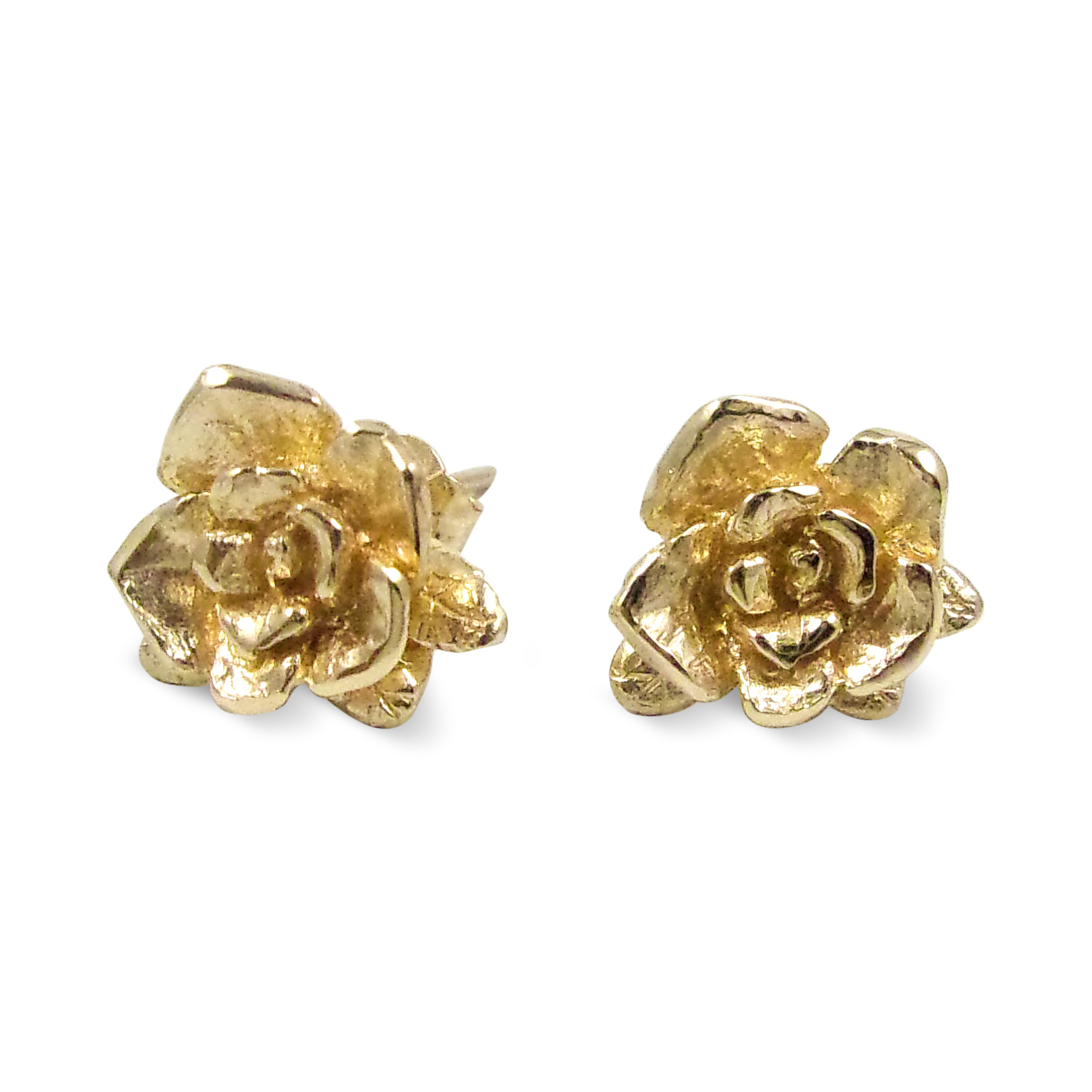 Solid 10K Yellow Gold Stud Earrings Handcarved Rose Flower, 2.7 grams, Artisan