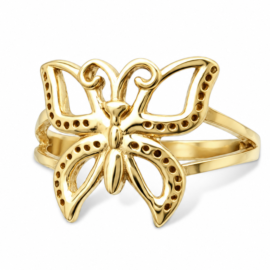 Solid 14K Yellow Gold Butterfly Ring Large Pierced Butterfly, Size 3 - 12