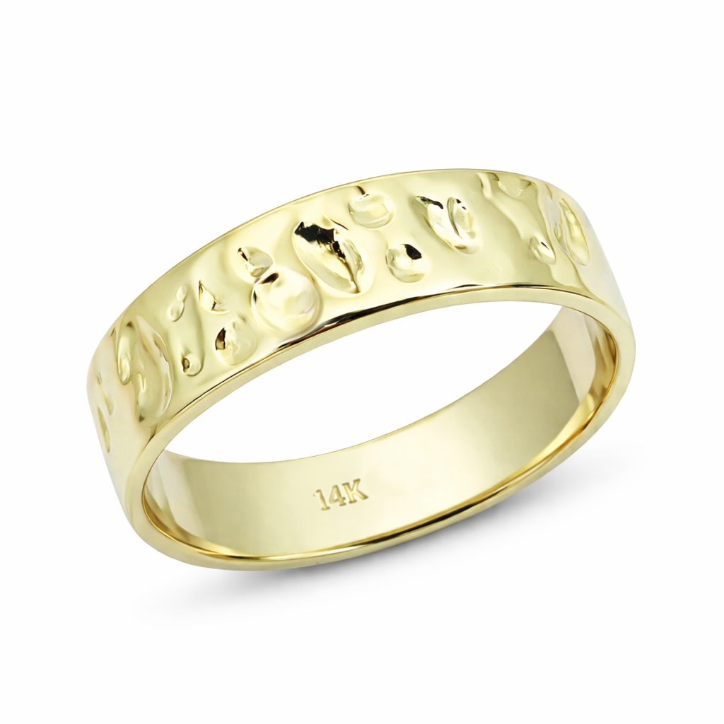 Solid 14K Yellow Gold Hammered Band, Handmade 6mm Wedding Ring Deep Hammer Texture