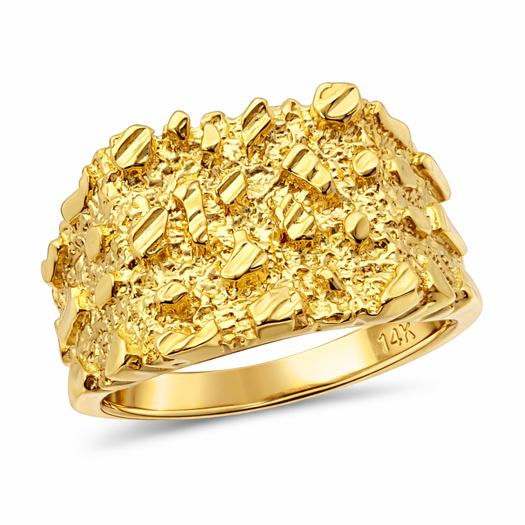 Solid 14K Yellow Gold Large Diamond Cut Mens Nugget Ring, Size 5 - 15