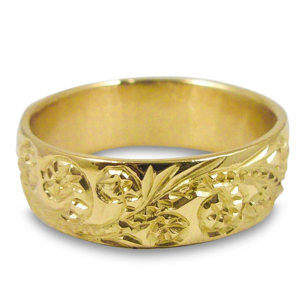 Solid 10K Women's Yellow Gold Ring Engraved Hawaiian Scroll Ring 6mm Size 3 - 12