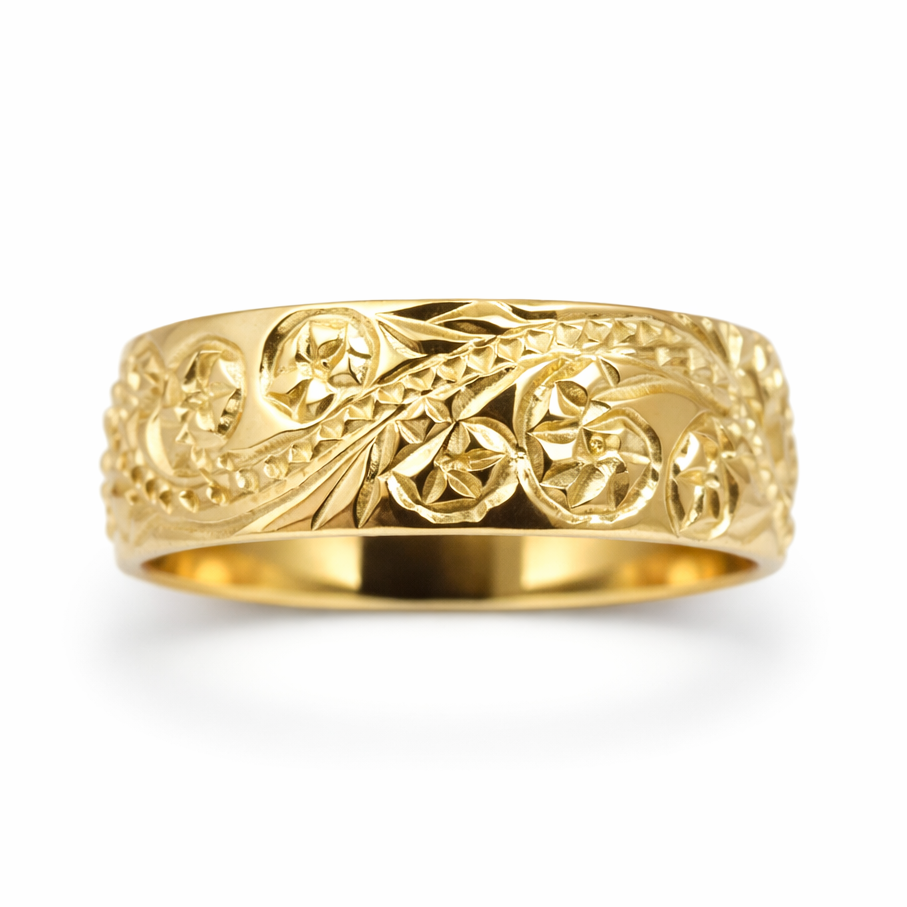 Solid 14K Women's Yellow Gold Ring Hand Engraved Hawaiian Scroll Ring 6mm