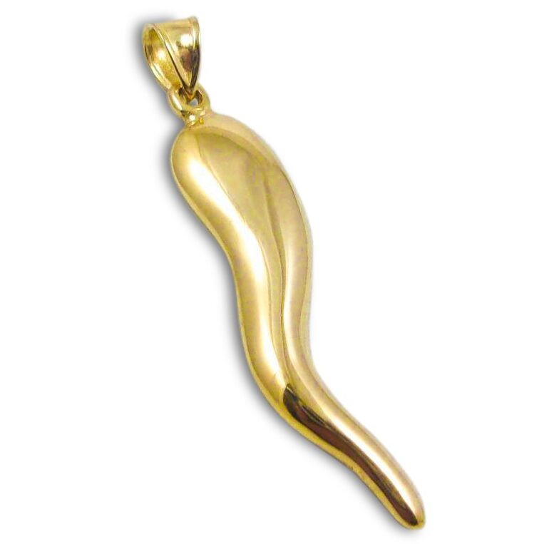 14K Yellow Gold Italian Horn Pendant Cornicello Pendant with Flat Back 1-5/16"