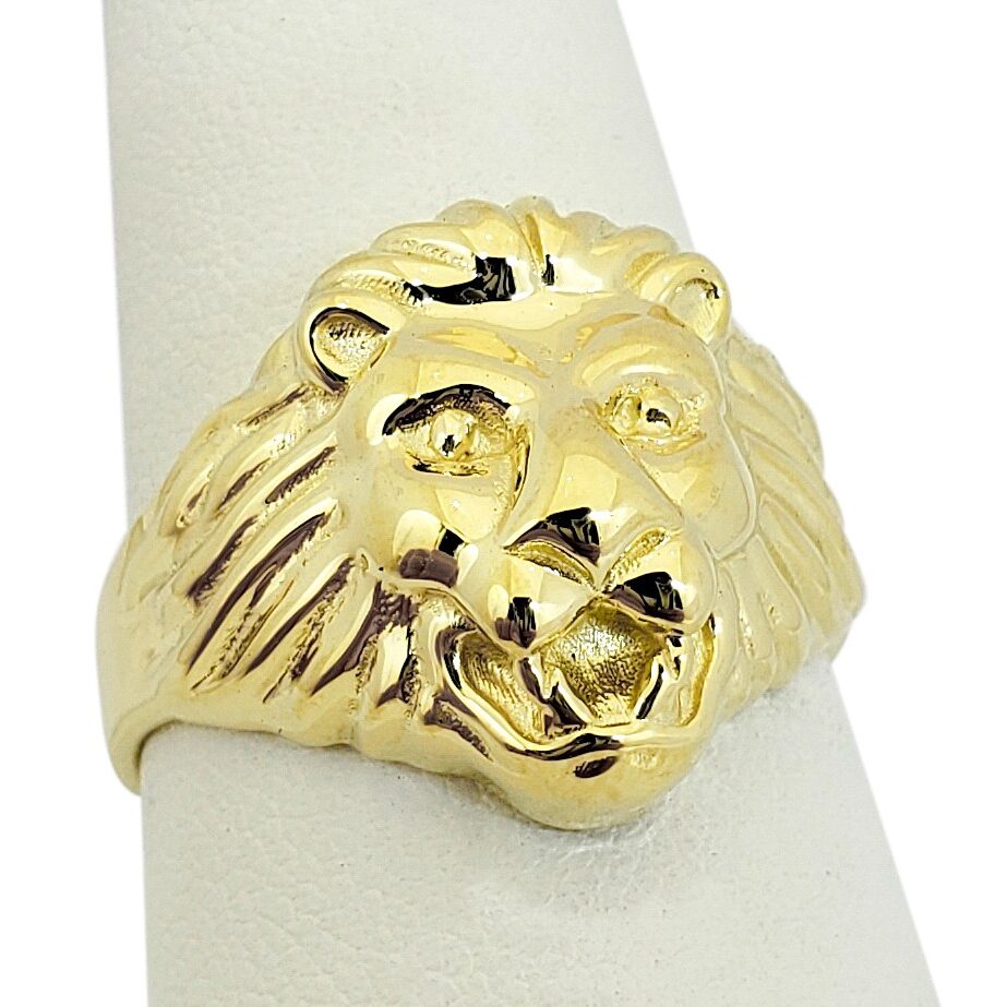 Solid 14K Yellow Gold Mens Lion Ring, Classic Gold Lion Ring Size 5 - 15