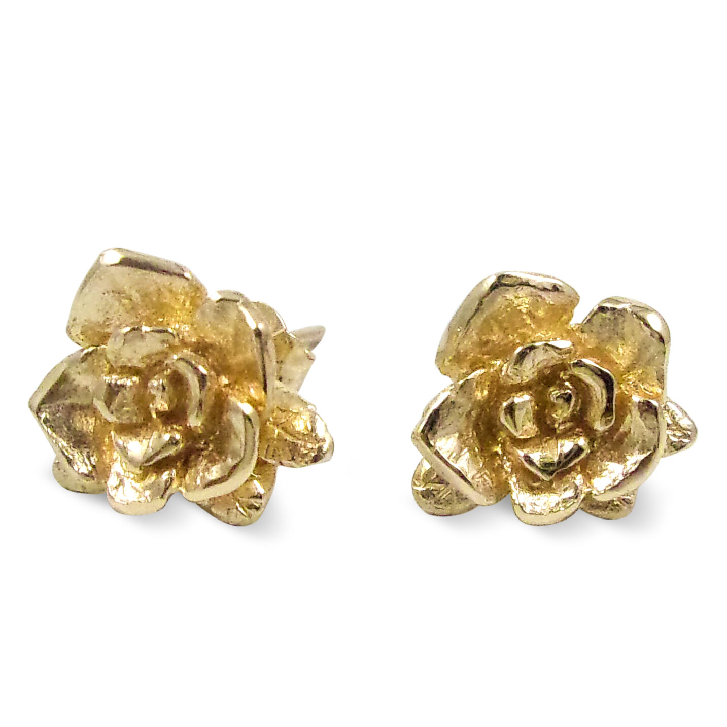 Solid 14K Yellow Gold Earrings, Handcarved Rose Flower Stud, 3.0 grams, Artisan
