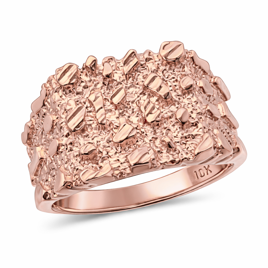 Solid 10K Rose Gold Large Diamond Cut Mens Nugget Ring, Size 5 - 15