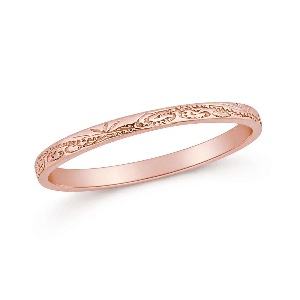 Solid 14K Women's Rose Gold Engraved Hawaiian Scroll Ring 2mm, Midi