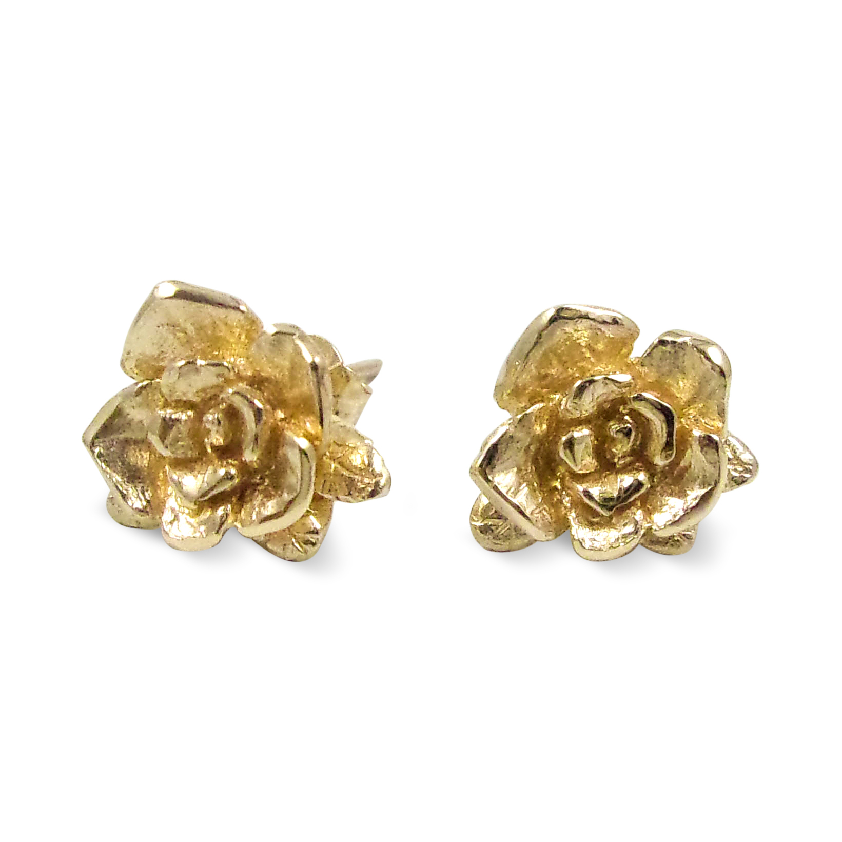 Solid 14K Yellow Gold Earrings, Handcarved Rose Flower Stud, Artisan