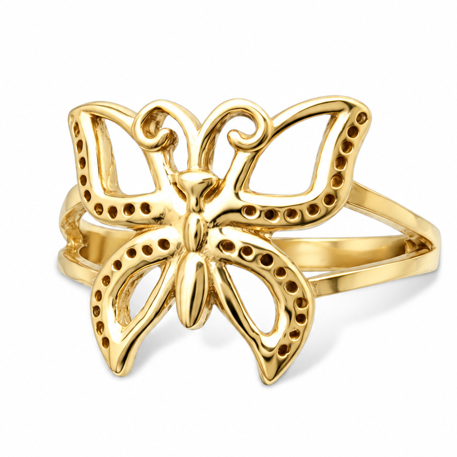 Solid 18K Yellow Gold Butterfly Ring Large Pierced Butterfly, Size 3 - 12