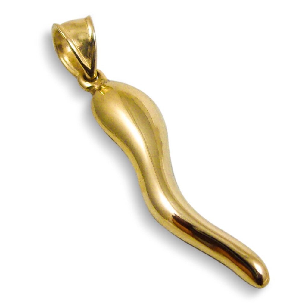 14K Yellow Gold Italian Horn Pendant Cornicello Pendant with Flat Back 1"