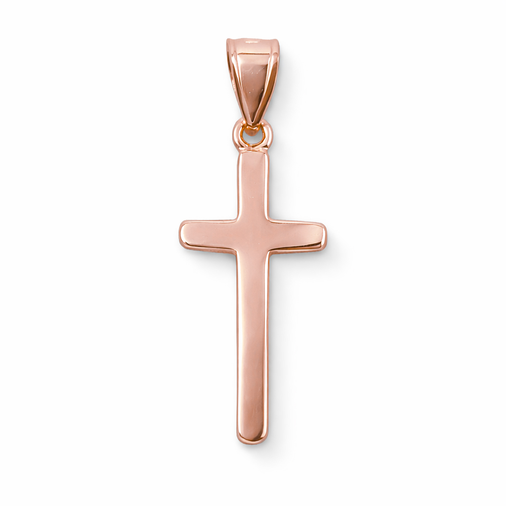 Solid 14K Rose Gold Classic Handmade Plain Cross Pendant, 3/4" long