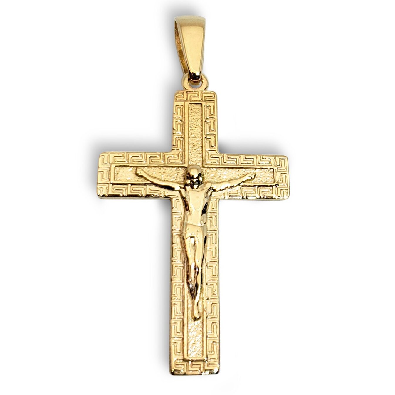 Solid 18K Yellow Gold Cross Pendant Ornate Greek Key Cross, 4.4 grams, 1.75 inch
