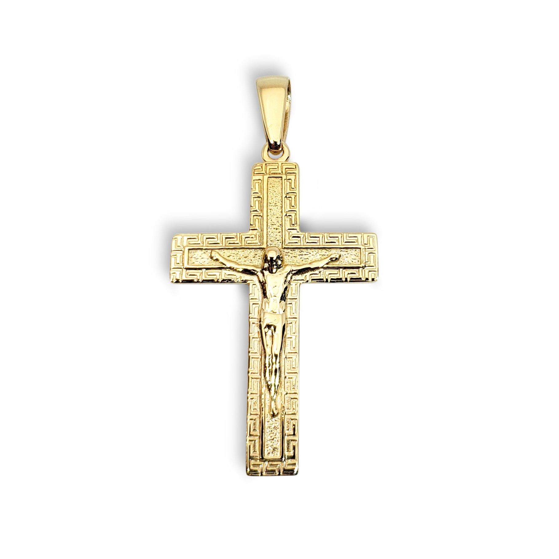 Solid 18K Yellow Gold Cross Pendant Ornate Greek Key Cross, 4.4