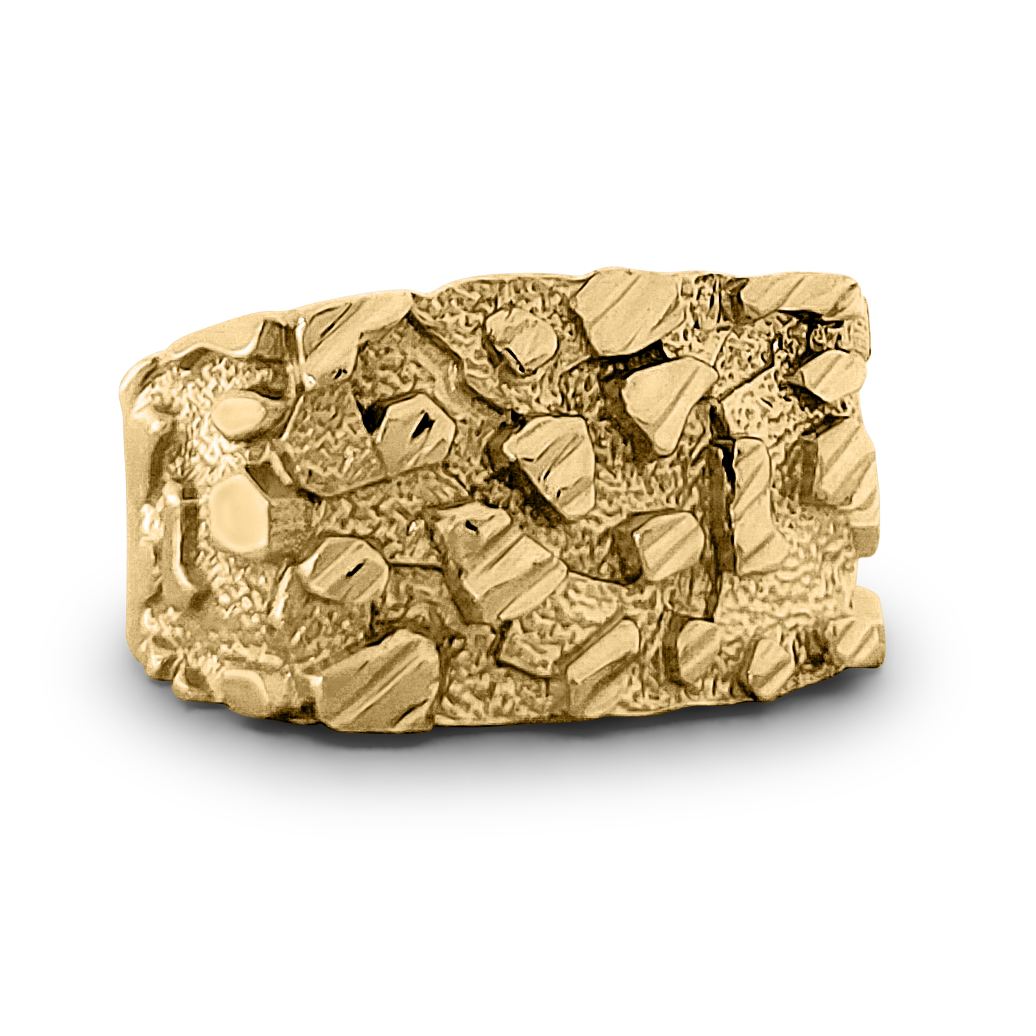 Solid 14K Yellow Gold Mens Nugget Ring Diamond Cut Heavy Wide Face, Size 5 - 15