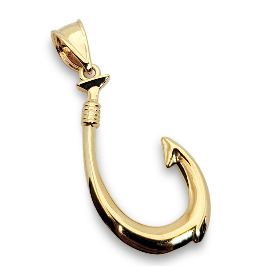 Solid 18K Yellow Gold Fish Hook Pendant, 1.1 Inch, Hawaiian Fish Hook Jewelry, Hawaiian Makau, Hei Matau, Polynesian Pendant