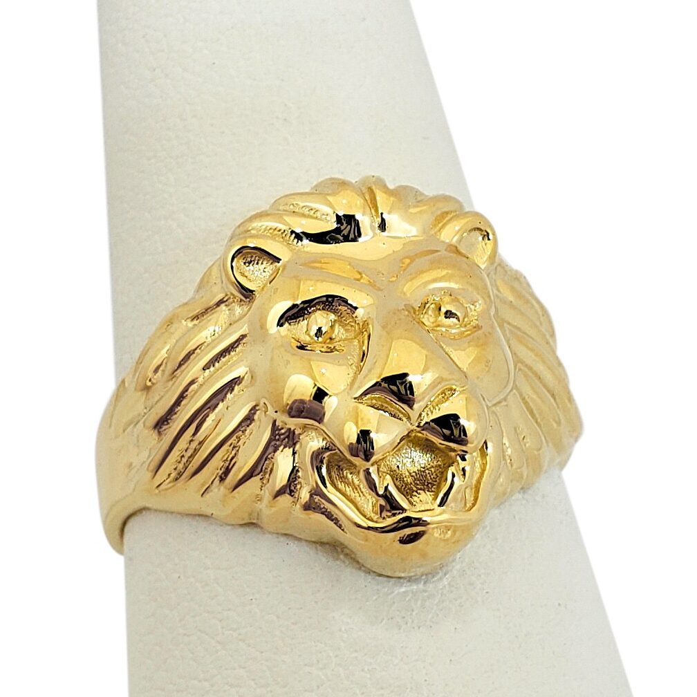 Solid 18K Yellow Gold Mens Lion Ring, Classic Lion Ring Size 5 - 15