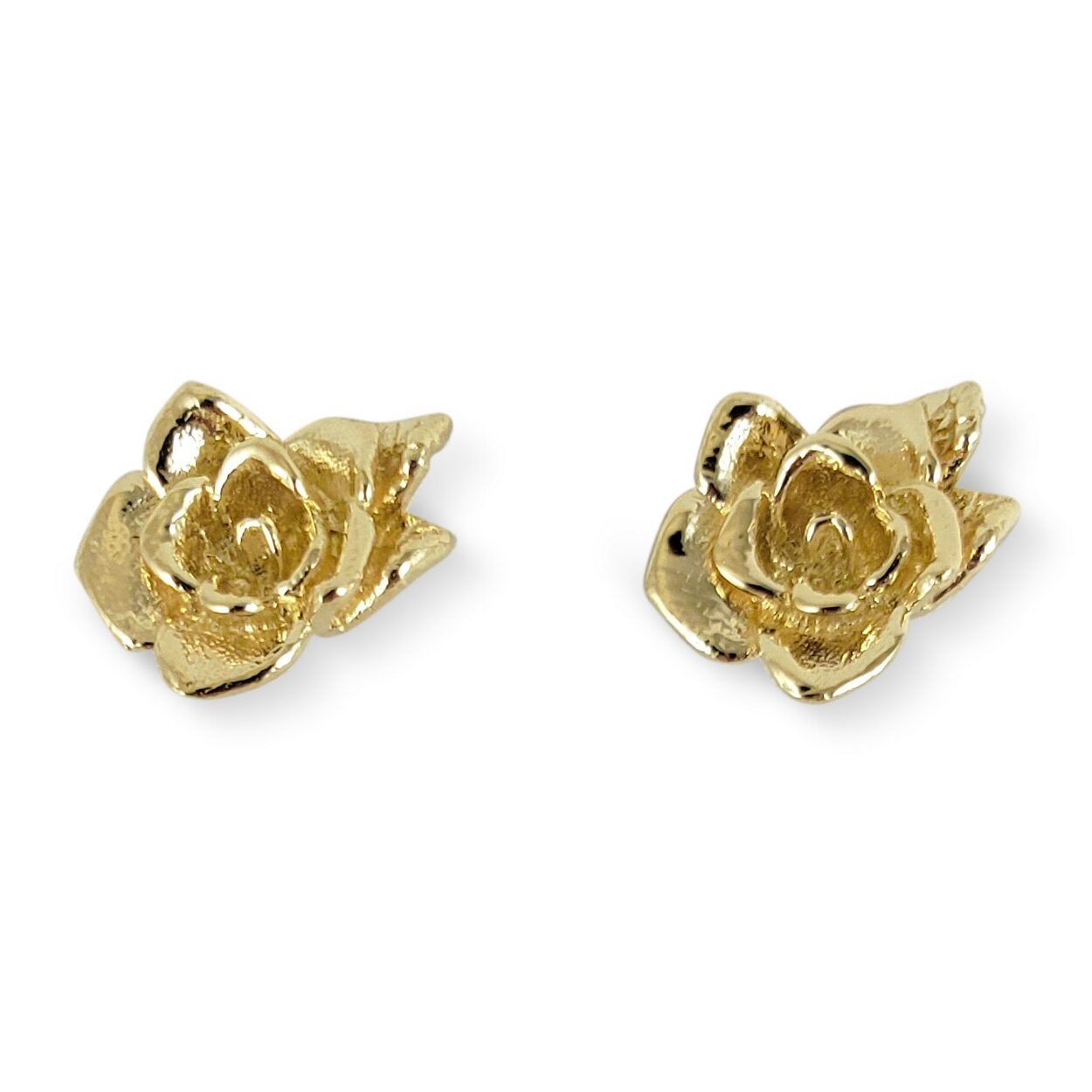 Solid 14K Yellow Gold 13mm Rose Flower Stud Earrings, 3.7 grams, Organic, 1/2"