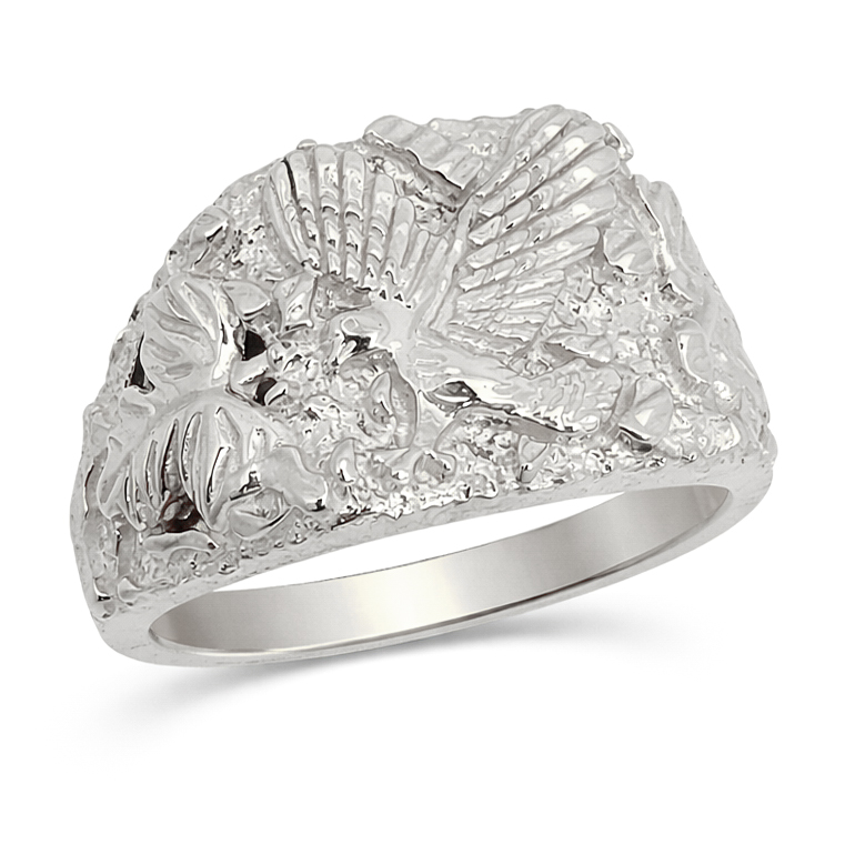 Solid 10K White Gold Large Eagle Leaf Mens Nugget Ring, Size 5 - 15