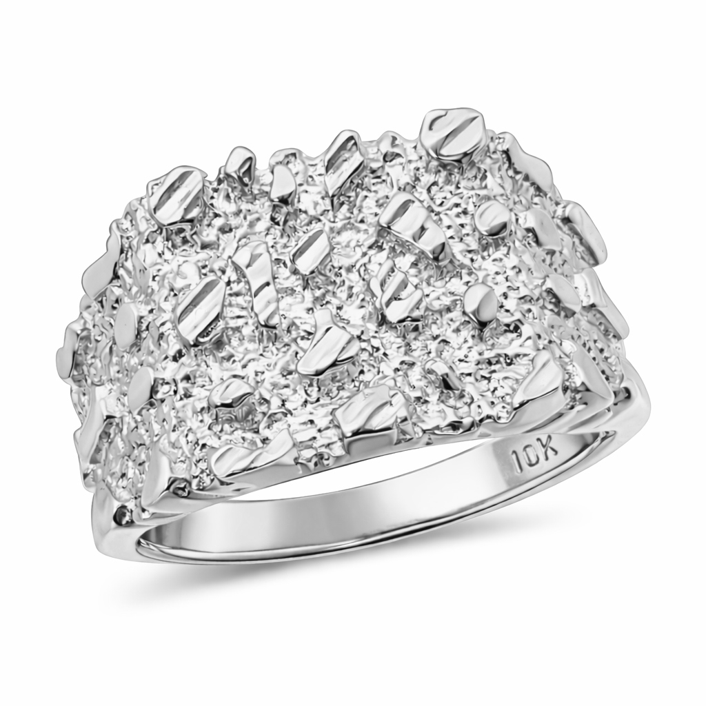 Solid 10K White Gold Large Diamond Cut Mens Nugget Ring, Size 5 - 15