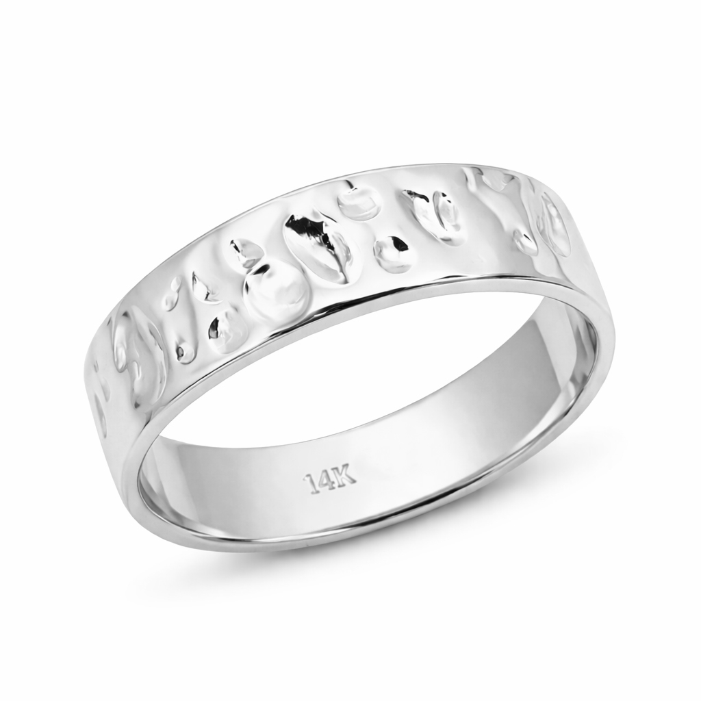 Solid 14K White Gold Hammered Band, Handmade 6mm Wedding Ring Deep Hammer Texture