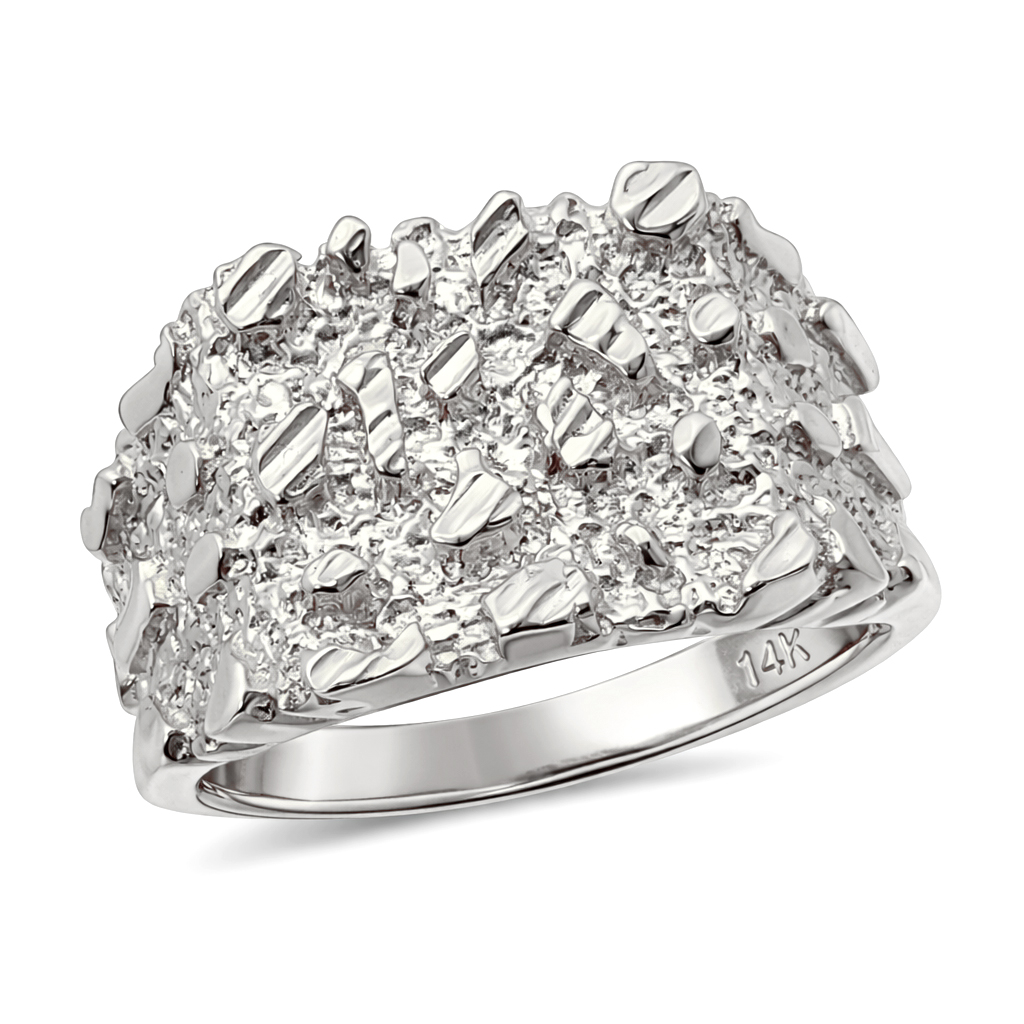 Solid 14K White Gold Large Diamond Cut Mens Nugget Ring, Size 5 - 15