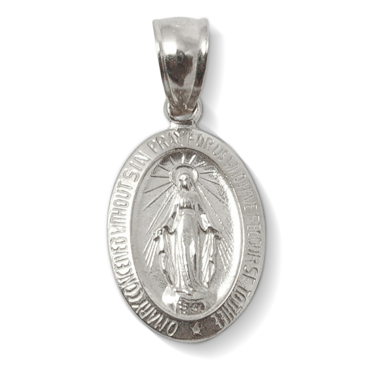 Solid 14K White Gold Miraculous Medal Virgin Mary Pendant, 9/16" Catholic