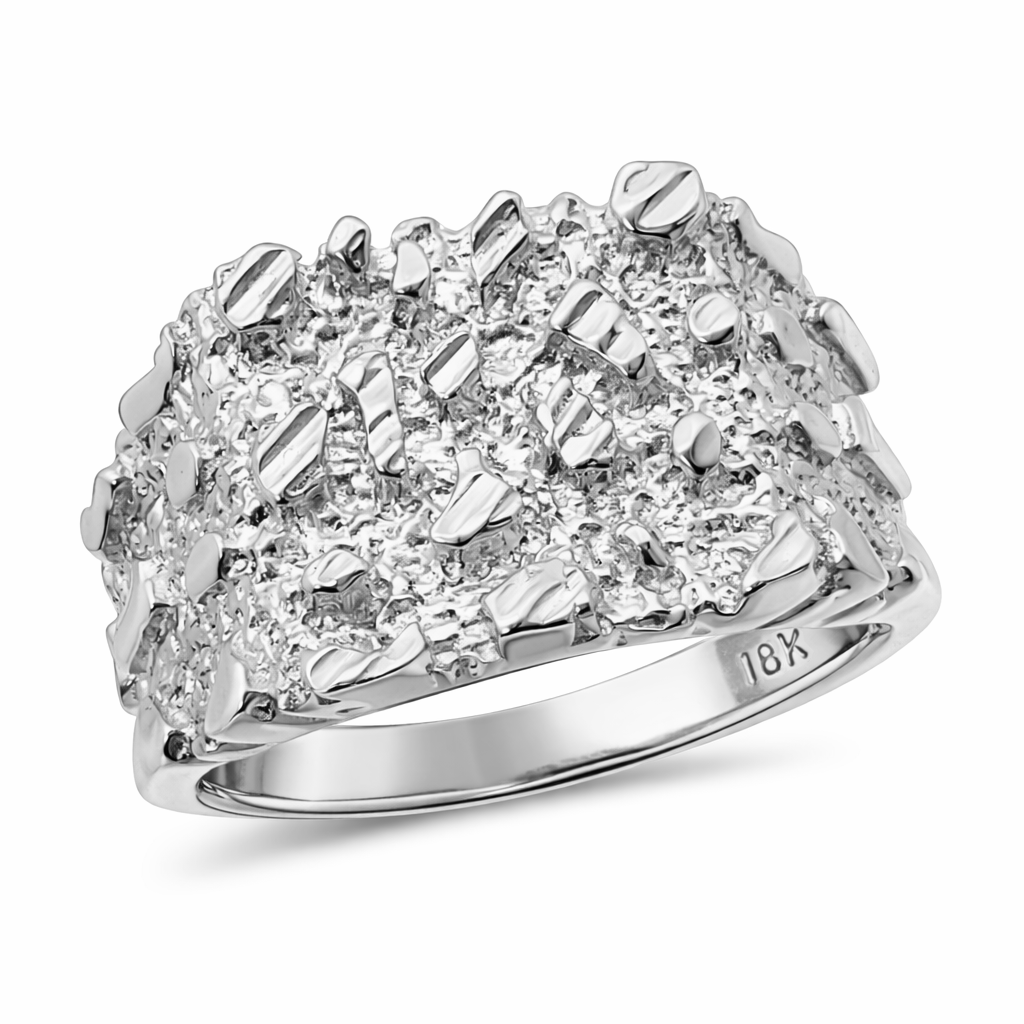 Solid 18K White Gold Large Diamond Cut Mens Nugget Ring, Size 5 - 15
