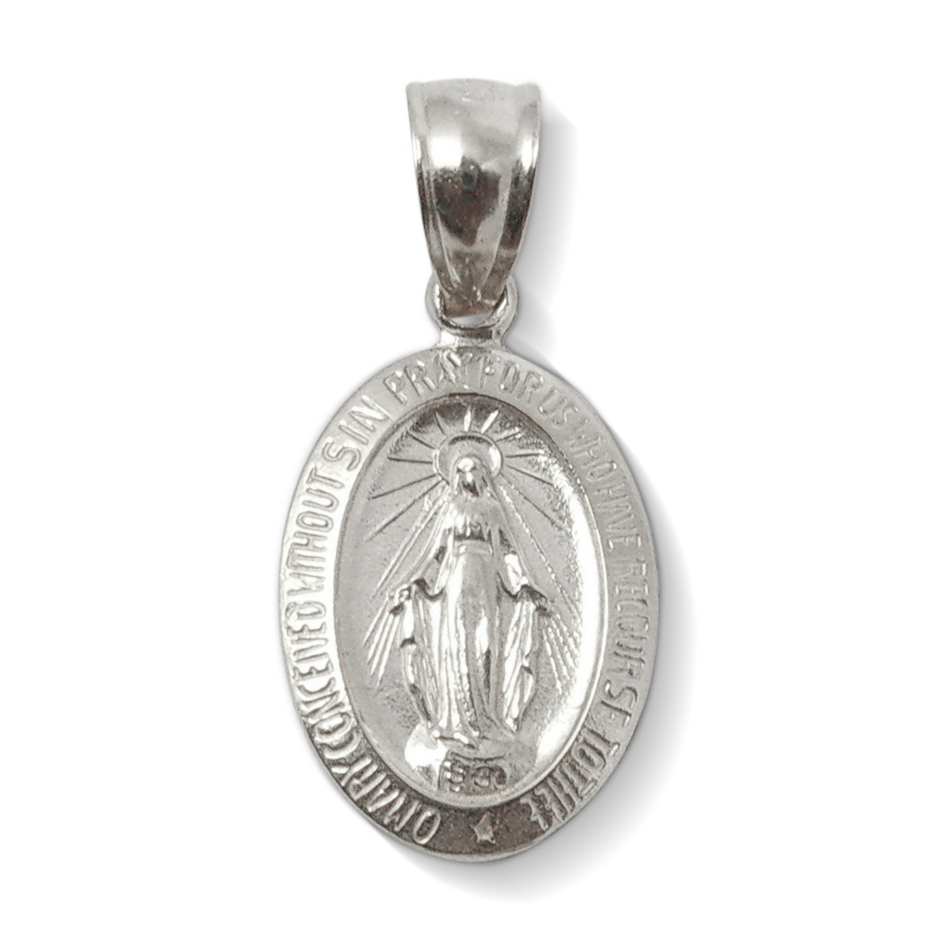 Solid 18K White Gold Miraculous Medal Virgin Mary Pendant, 9/16", Catholic