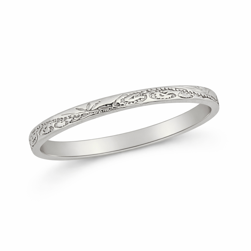 Solid 18K Women's White Gold Ring Engraved Hawaiian Scroll Ring 2mm, Midi