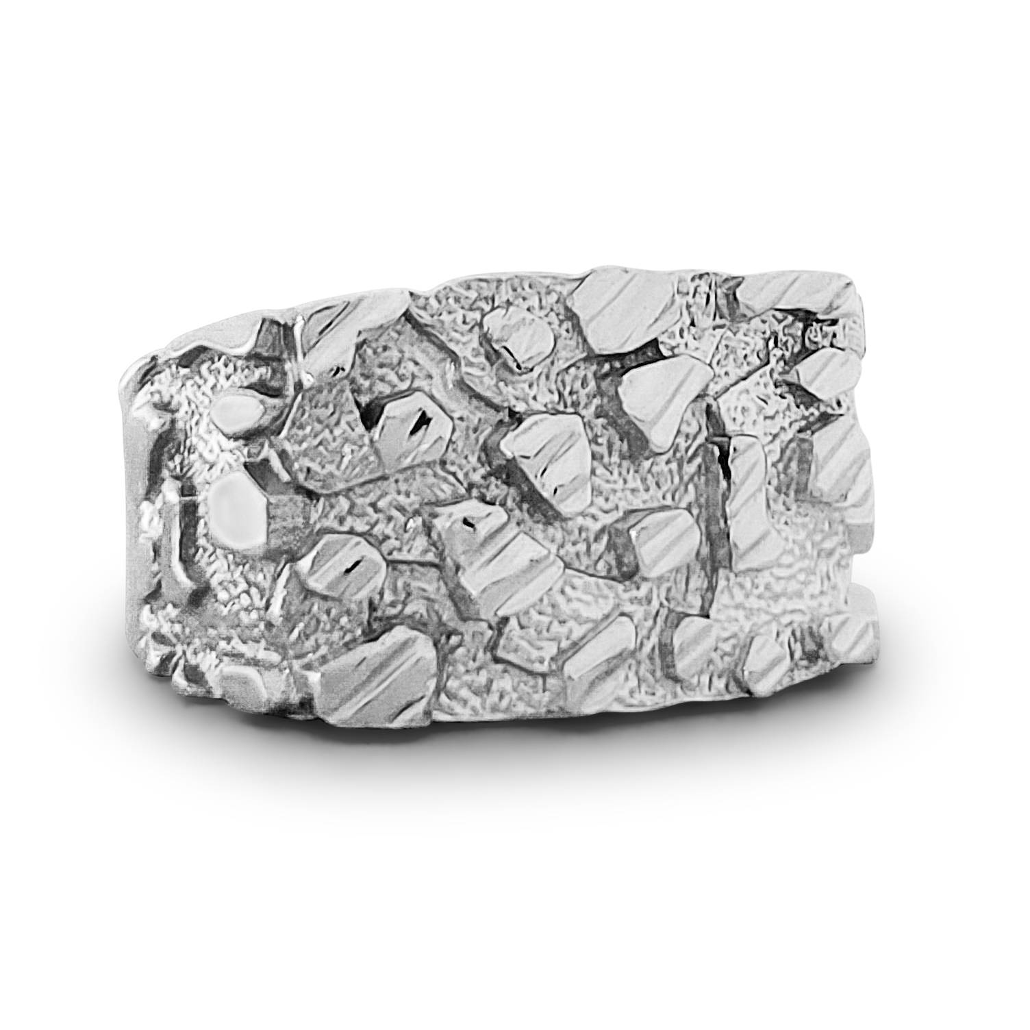Solid 10K White Gold Mens Nugget Ring Diamond Cut Heavy Gold Ring Wide Face, Size 5 - 15