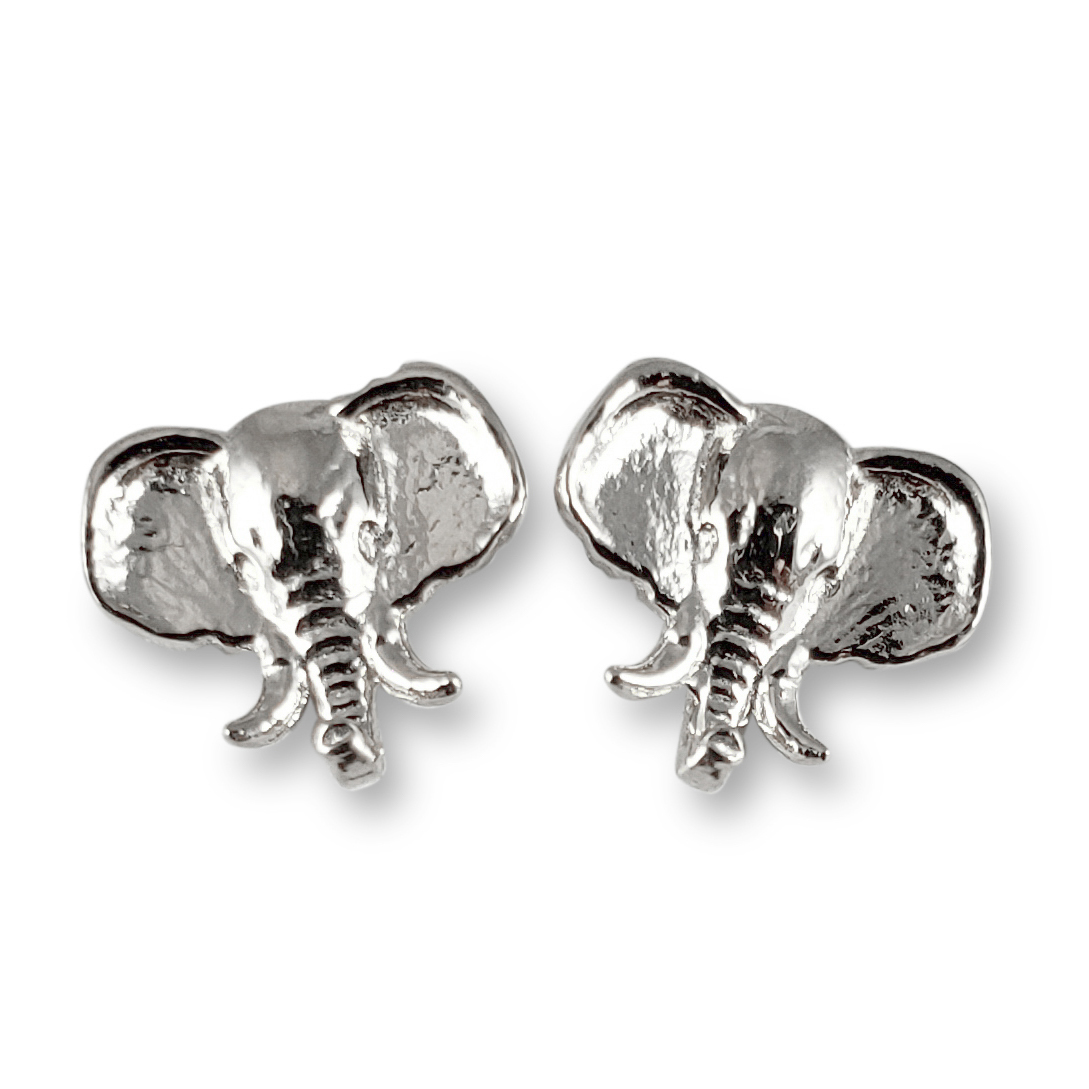 Solid 10K White Gold Stud Earrings 9mm Elephant Head, 1.1 grams, Small