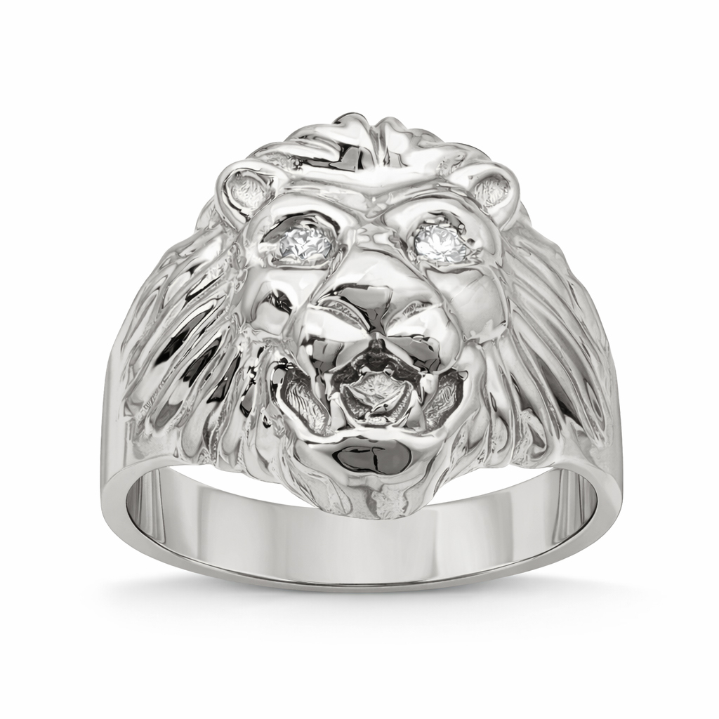 Solid 10K White Gold Handcarved Mens Lion Ring Diamond Eyes Size 5 - 15