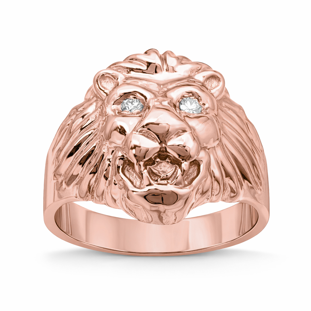 Solid 14K Rose Gold Mens Lion Ring Diamond Eyes Lion Jewelry Size 5 - 15