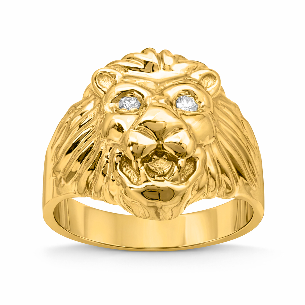Solid 18K Yellow Gold Handcarved Mens Lion Ring Diamond Eyes Size 5 - 15