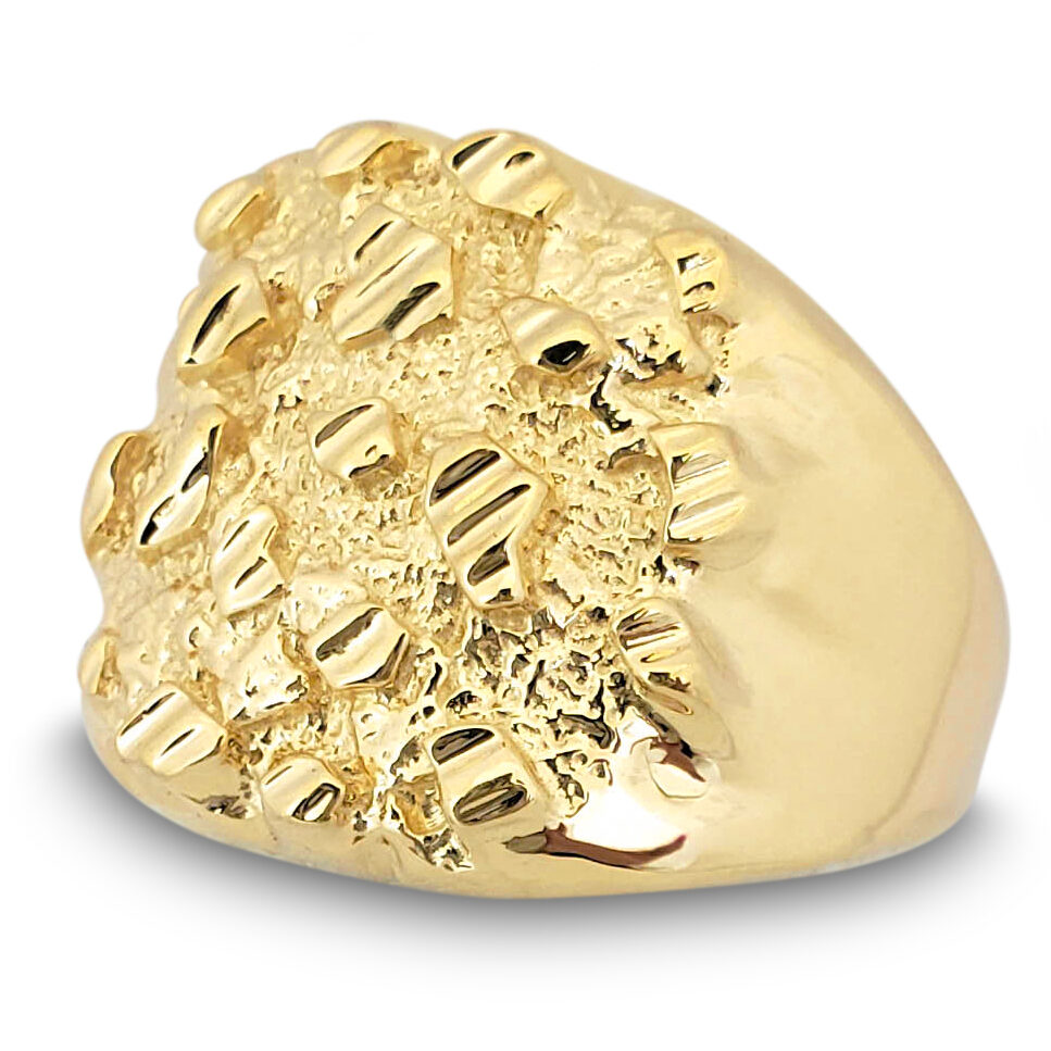 Solid 18K Yellow Gold Extra Large Diamond Cut Mens Nugget Ring, Size 5 - 15