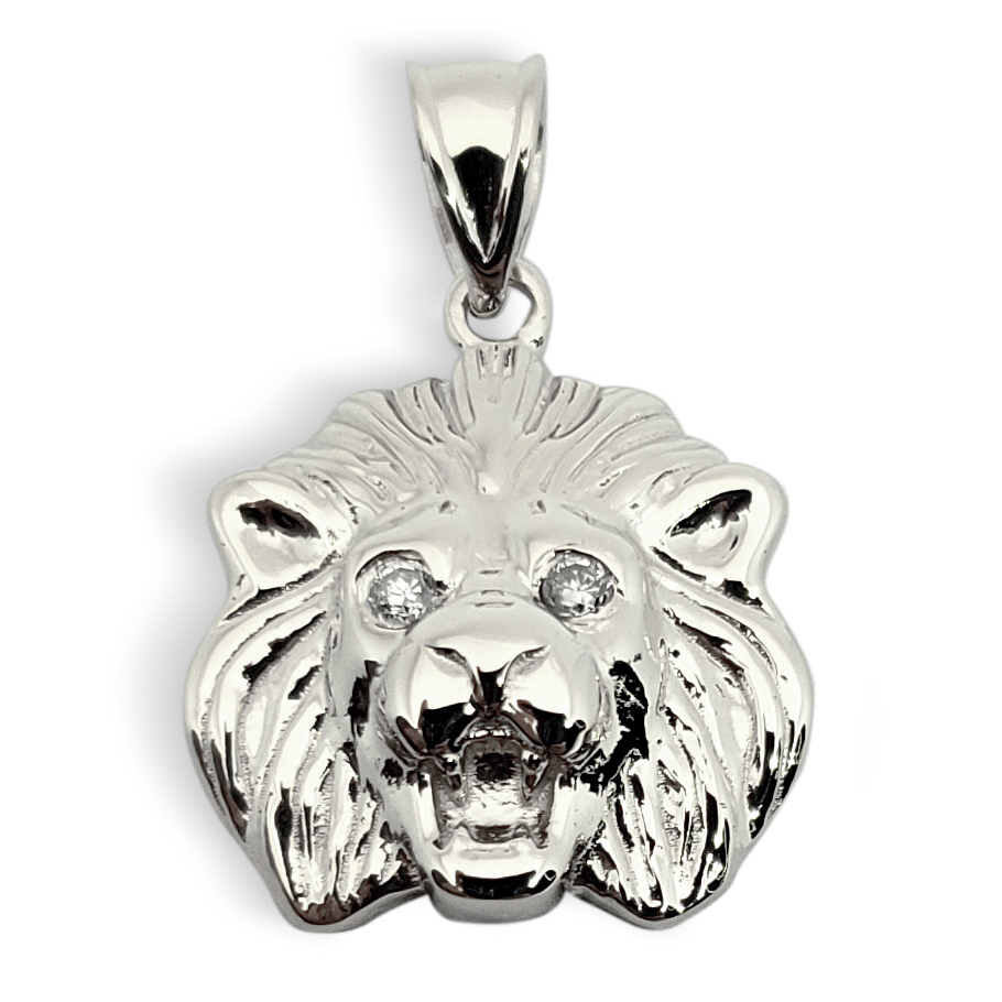 Solid 14K White Gold Mens Lion Pendant Diamond Eyes, 2.1 grams, 14mm, Small