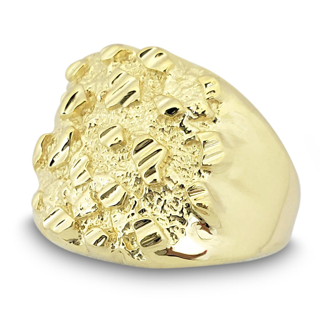 Solid 14K Yellow Gold Extra Large Diamond Cut Mens Nugget Ring, Size 5 - 15