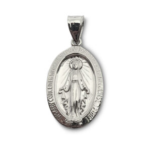 Solid 10K White Gold Miraculous Medal Virgin Mary Pendant, 3/4", Catholic
