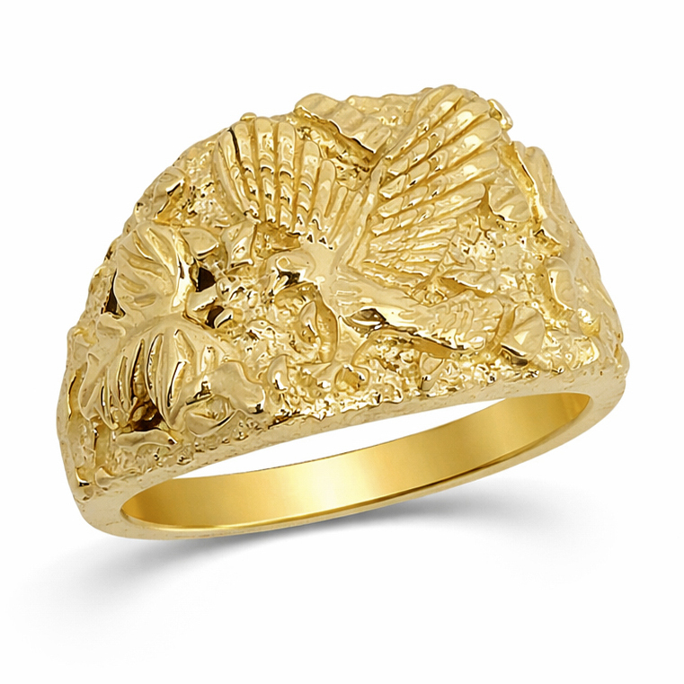 Solid 10K Yellow Leaf Gold Large Mens Eagle Ring - Jahda Jewelry