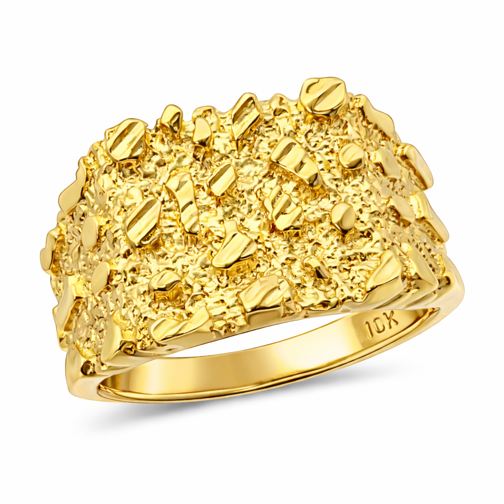 Solid 10K Yellow Gold Large Diamond Cut Mens Nugget Ring, Size 5 - 15