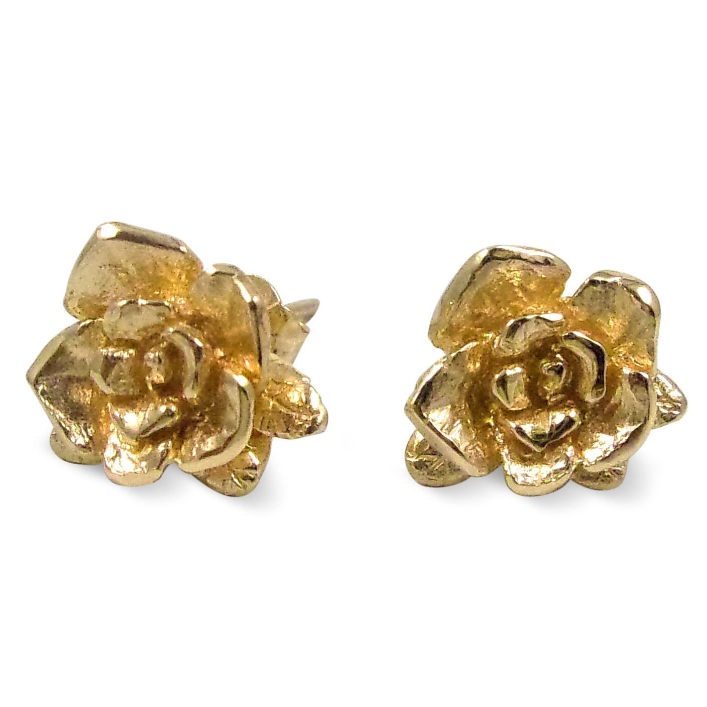 Solid 18K Yellow Gold Stud Earrings Handcarved Rose Flower, Artisan