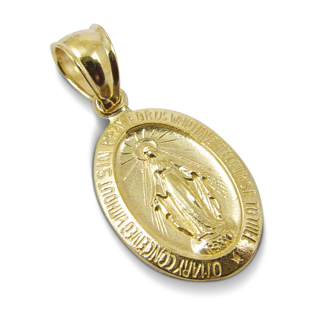 Solid 14K Yellow Gold Miraculous Medal Virgin Mary Pendant, 9/16", Catholic