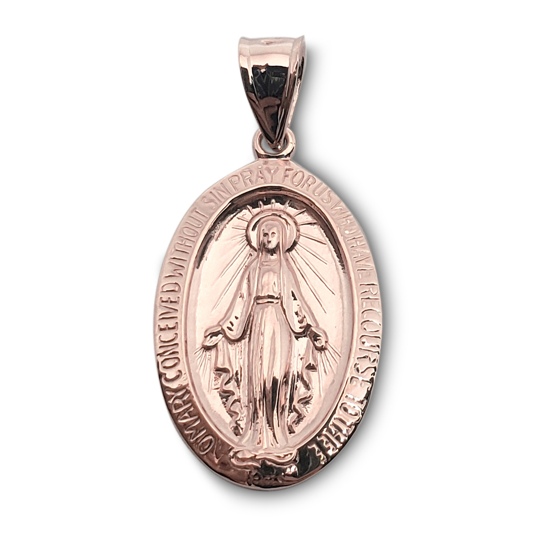Solid 18K Rose Gold Miraculous Medal Virgin Mary Pendant, 3/4", Catholic