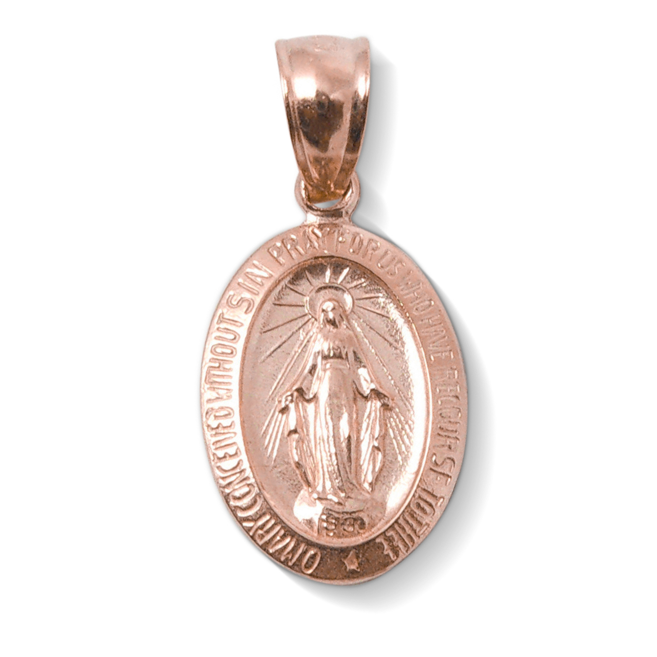 Solid 18K Rose Gold Miraculous Medal Virgin Mary Pendant, 9/16", Catholic