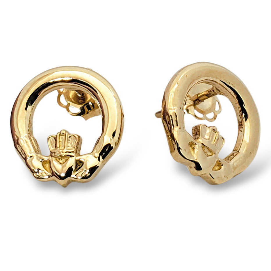 Solid 18K Yellow Gold 10mm Gold Irish Claddagh Earrings, 2.5 grams