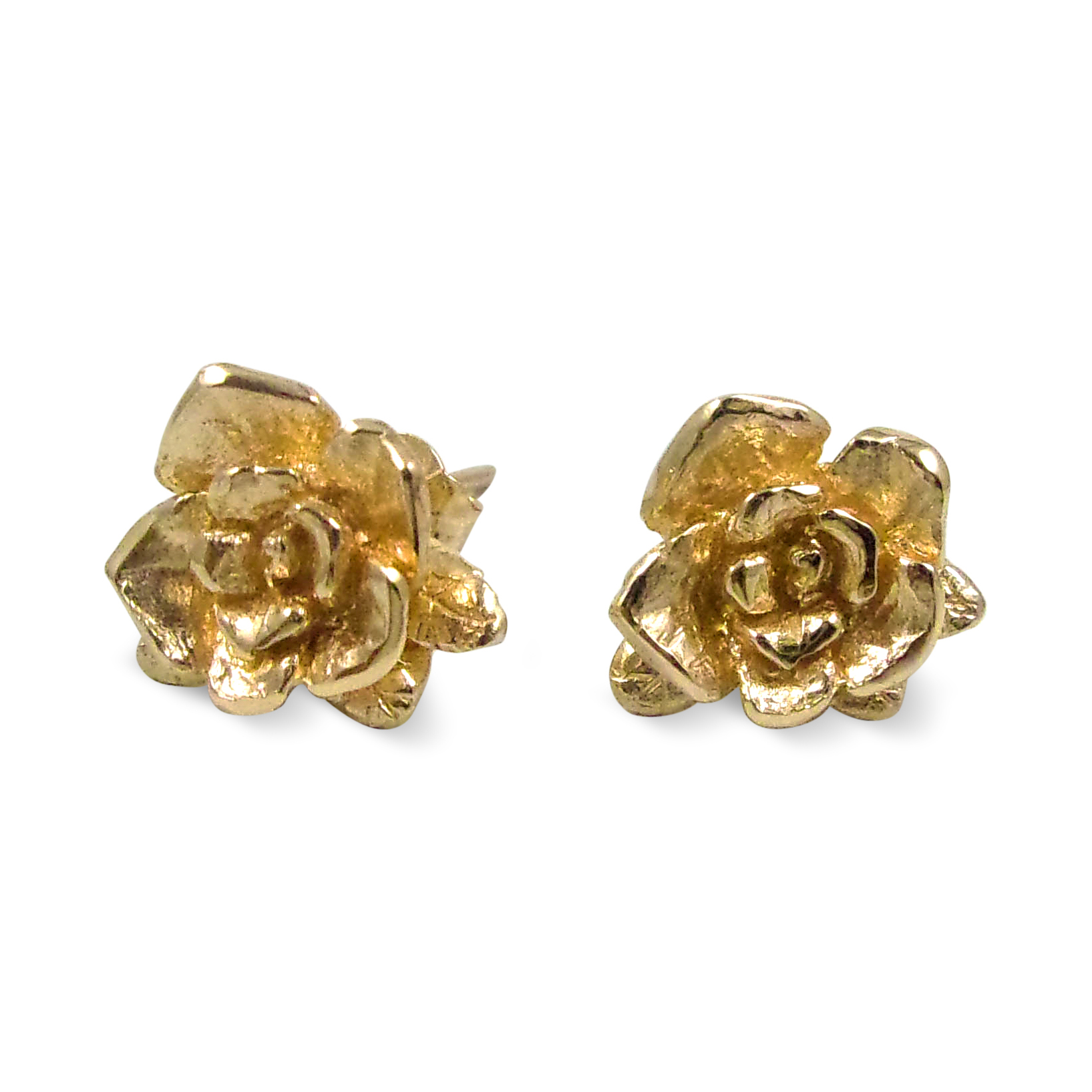 Solid 18K Yellow Gold Stud Earrings Handcarved Rose Flower, Artisan