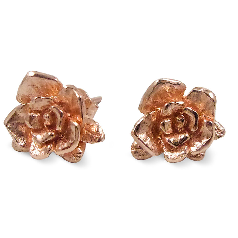 Solid 10K Rose Gold Stud Earrings Handcarved Rose Flower Earrings, Artisan