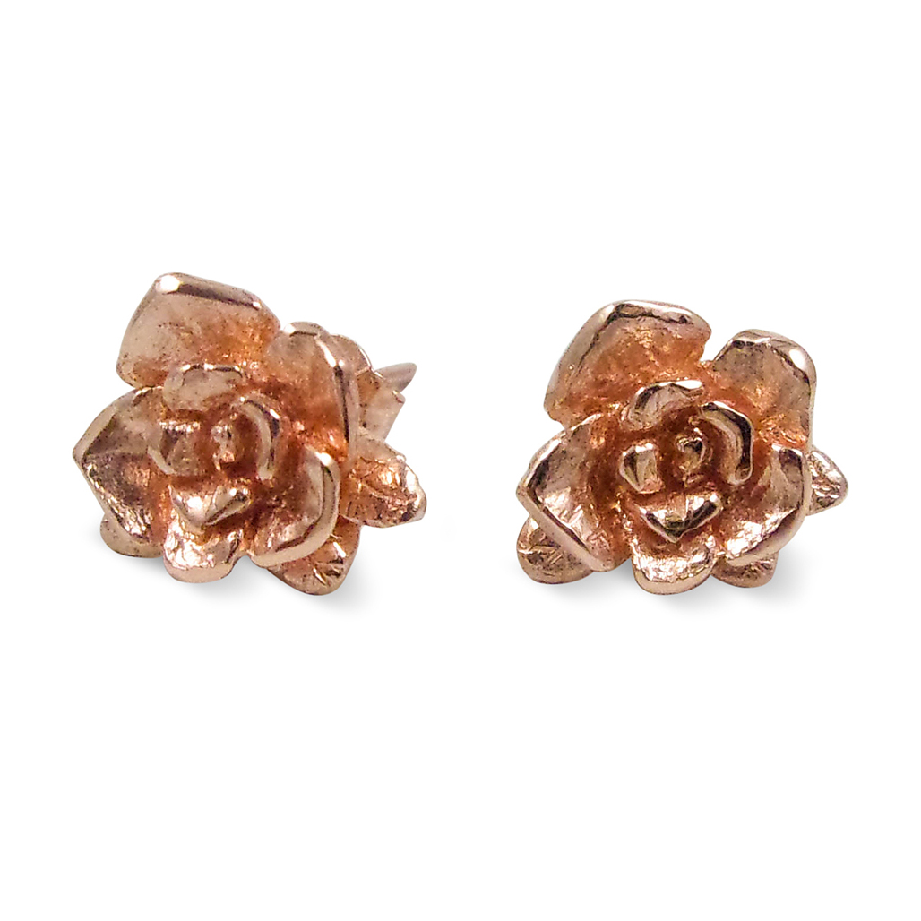 Solid 10K Rose Gold Stud Earrings Handcarved Rose Flower Earrings, Artisan